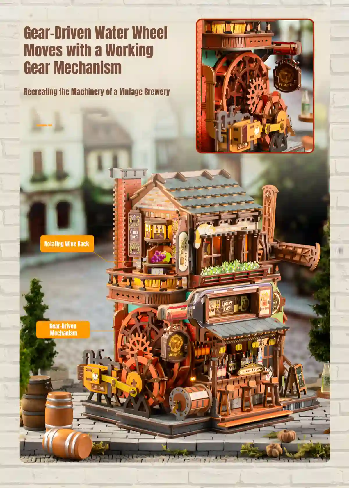 Corner Tavern 3D Wooden Puzzle gear driven wooden model working water wheel rotating wine rack