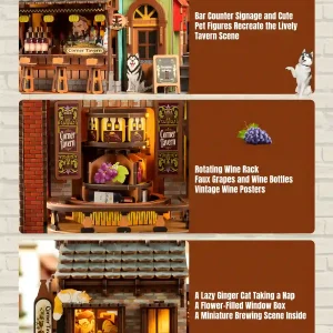 Corner Tavern 3D Wooden Puzzle miniature wine bar details rotating wine rack lazy ginger cat