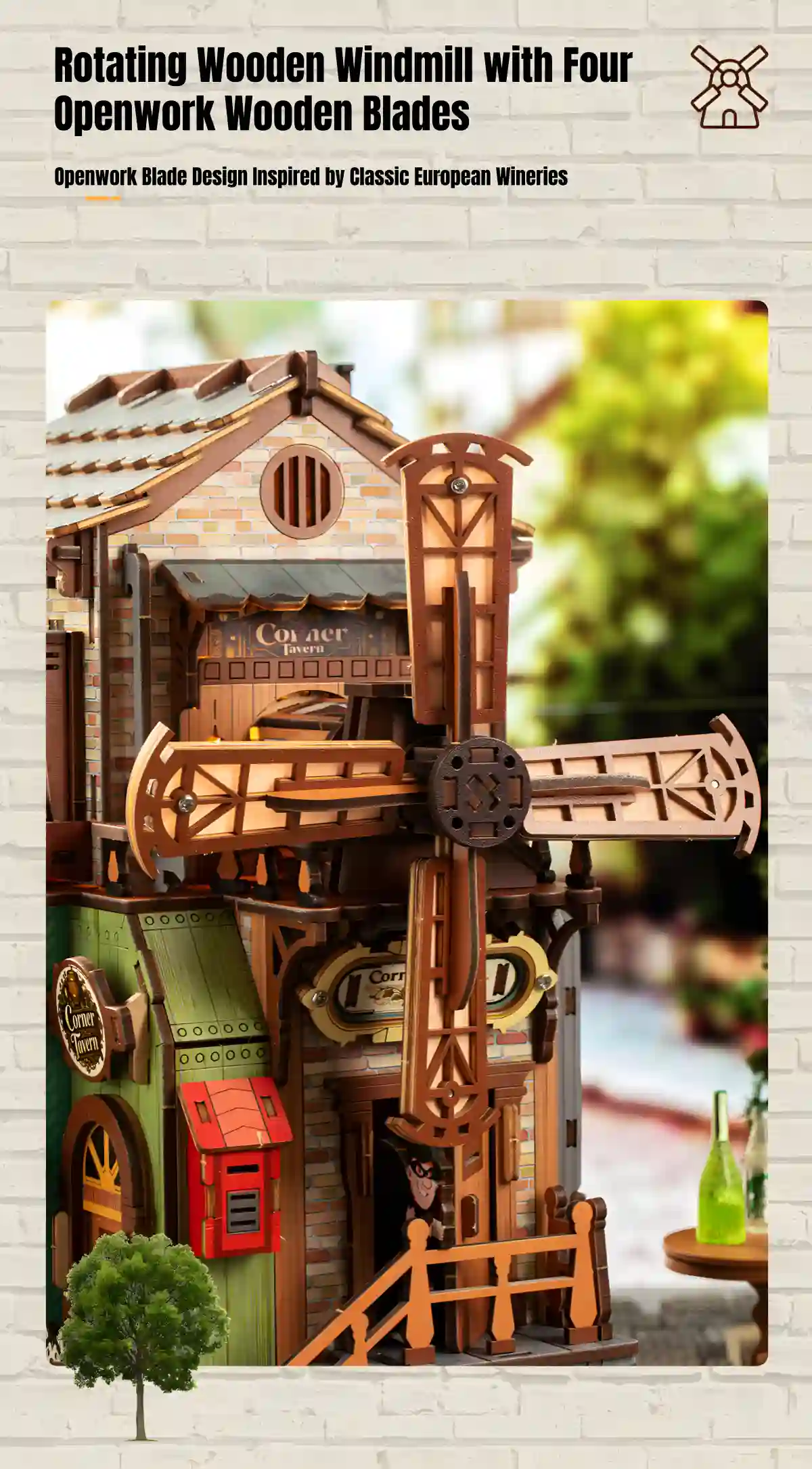 Corner Tavern 3D Wooden Puzzle rotating windmill four openwork wooden blades European winery theme