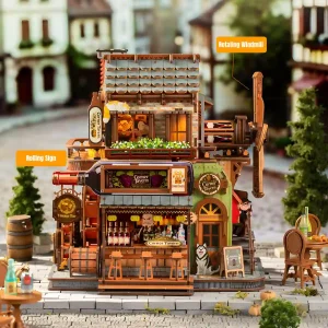 Corner Tavern 3D Wooden Puzzle key features showcasing rotating windmill rolling sign interactive design