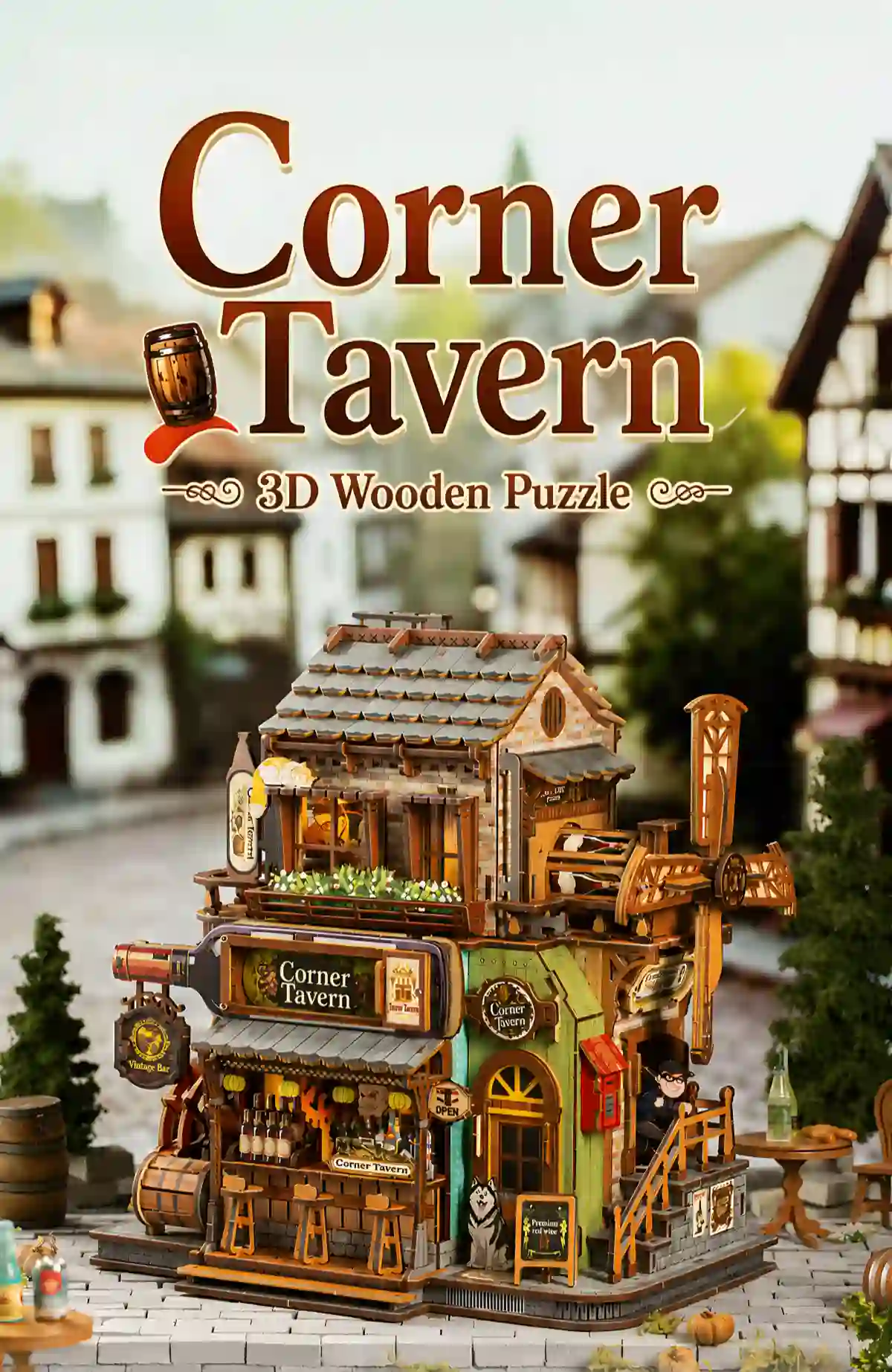Corner Tavern 3D Wooden Puzzle European village scene vintage tavern model rotating windmill