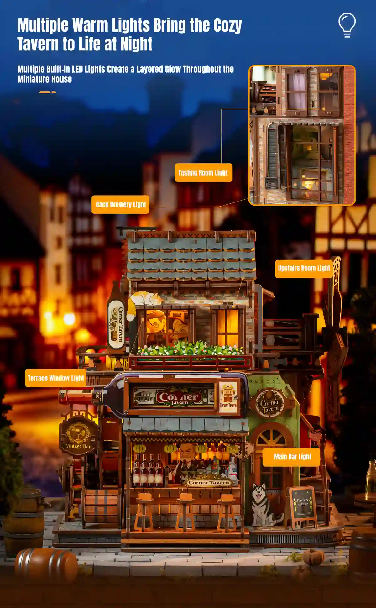 Corner Tavern 3D Wooden Puzzle warm LED miniature multi zone built in ambient interior lighting