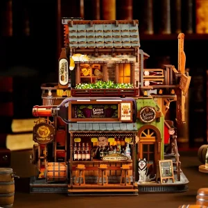 Corner Tavern 3D Wooden Puzzle night view front view warm LED miniature bar counter