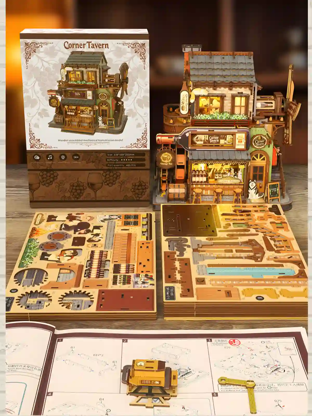 Corner Tavern 3D Wooden Puzzle packaging box pre colored wooden sheets step assembly manual