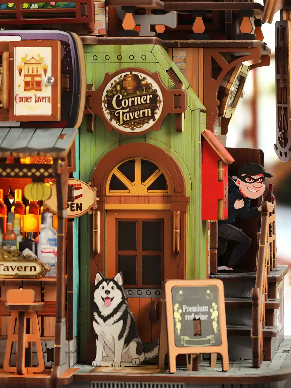 Corner Tavern 3D Wooden Puzzle miniature storytelling scene playful character figure cute husky dog