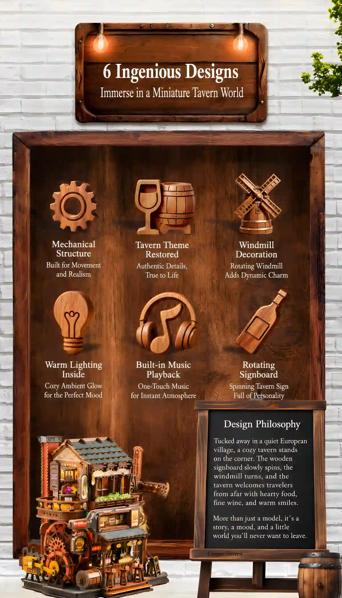 Corner Tavern 3D Wooden Puzzle product features design concept mechanical structure music playback