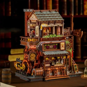 Corner Tavern 3D Wooden Puzzle mechanical wooden model side view gear driven water wheel