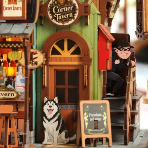 Corner Tavern 3D Wooden Puzzle miniature storytelling scene cute husky dog sneaky thief figure