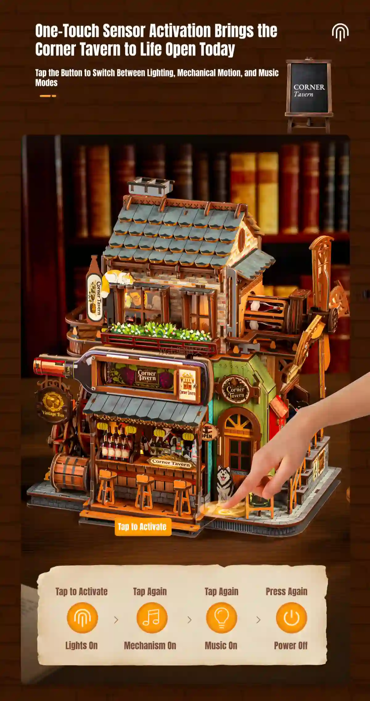 An ambient night view shot illustrating the multi-zone built-in warm LED lighting system inside the Rofuntime Corner Tavern 3D Wooden Puzzle. Callout indicators show separate light zones for the main bar, upstairs room, terrace window, back brewery, and tasting room.