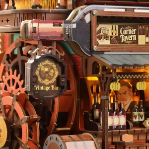 Corner Tavern 3D Wooden Puzzle miniature wine bar close up vintage bar sign hanging wine bottle