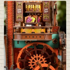 Corner Tavern 3D Wooden Puzzle gear driven wooden model working water wheel rotating wine rack