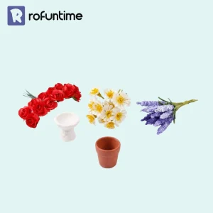 Cottage garden miniatures set featuring miniature flowers, white planter, and terracotta pot for DIY scene.