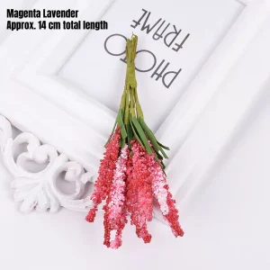 Vibrant magenta lavender stems and miniature garden accessories for personalize your miniature scene.