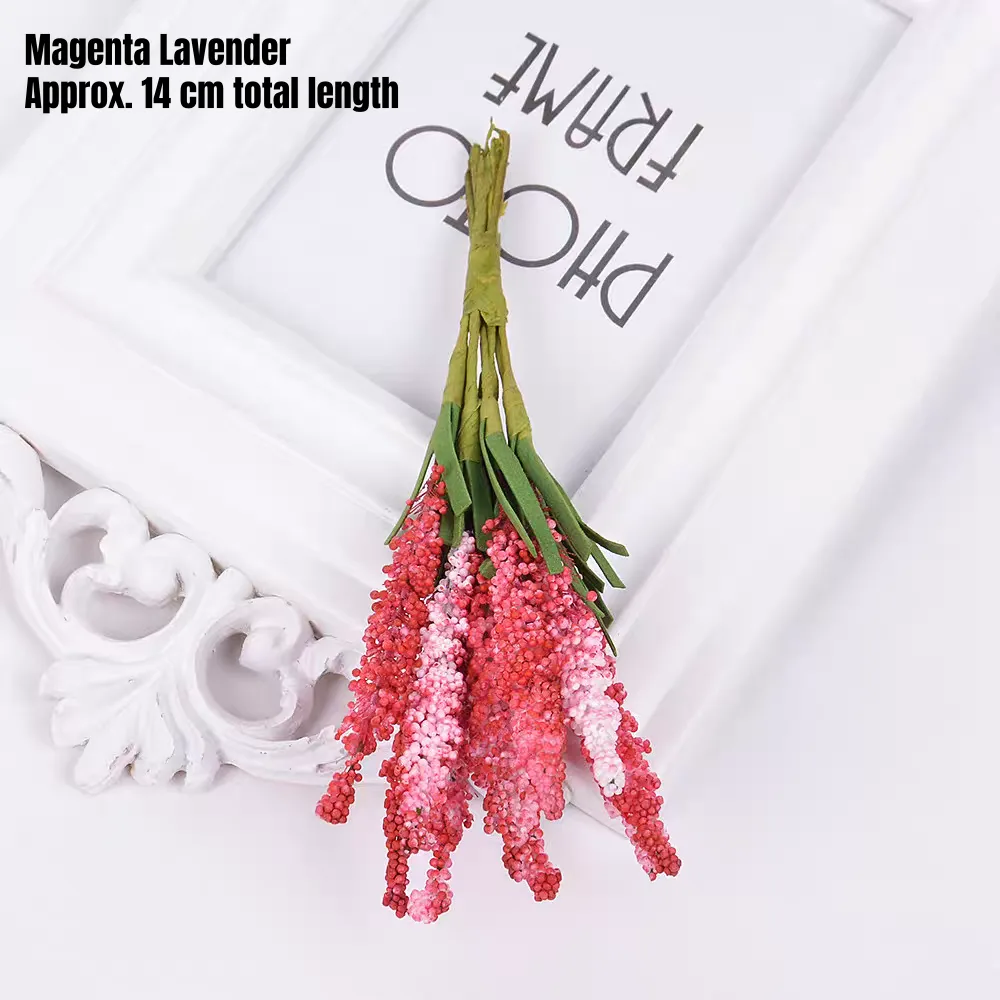 Vibrant magenta lavender stems and miniature garden accessories for personalize your miniature scene.