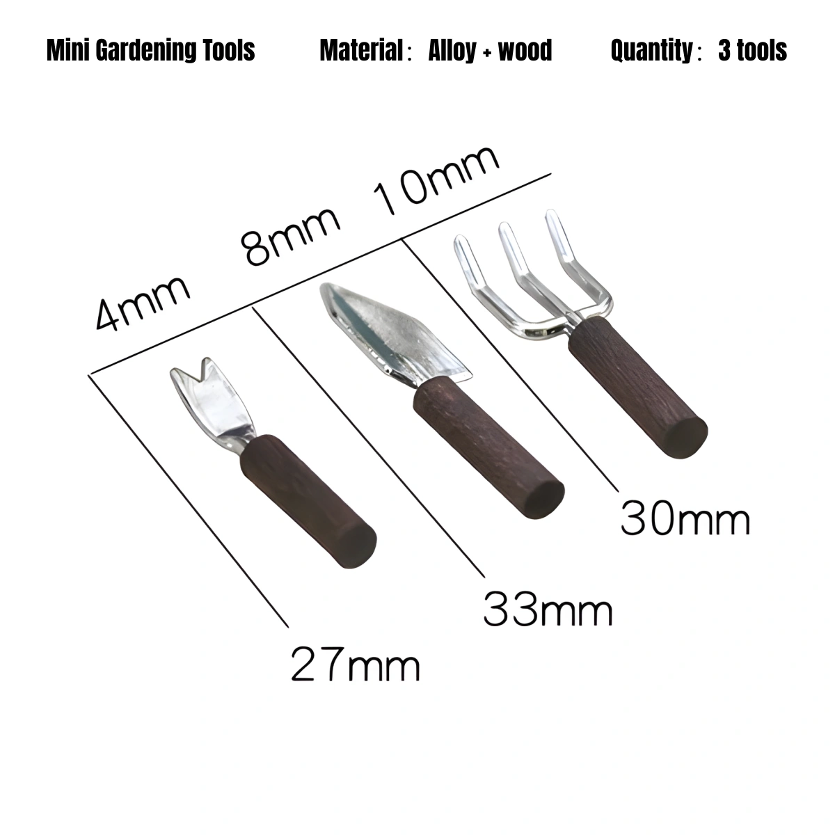 Miniature gardening tools alloy metal wood set for garden-themed miniature display customization.