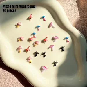 Miniature mushrooms in colorful pastel shades for garden-themed miniature display and DIY book nook.