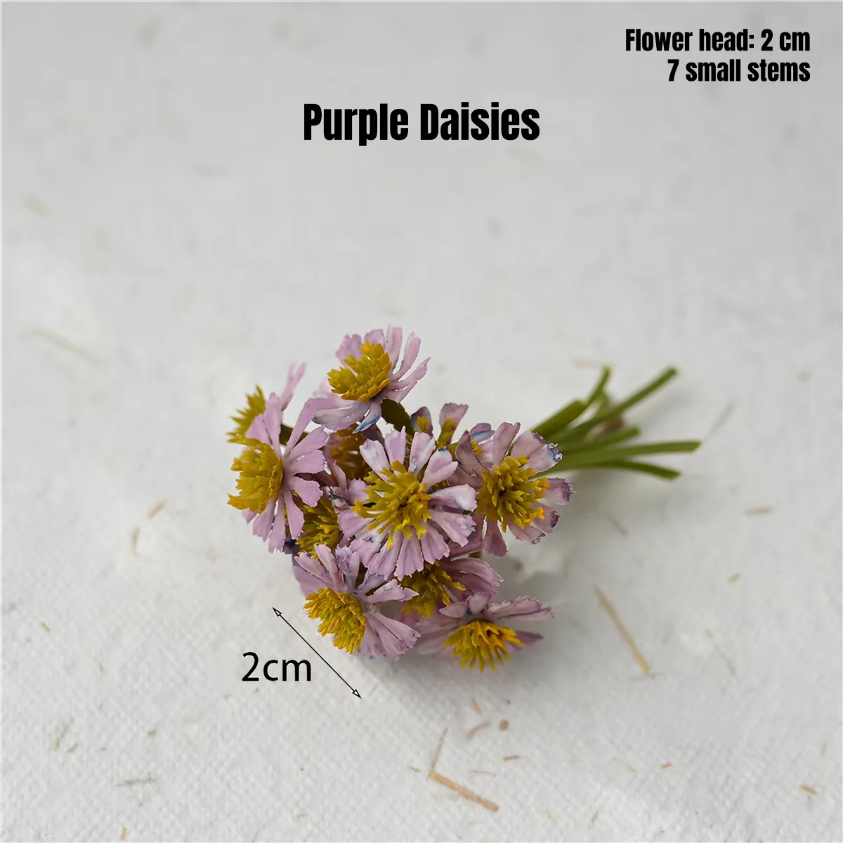 Purple miniature flowers with yellow centers for miniature garden decor and scene display