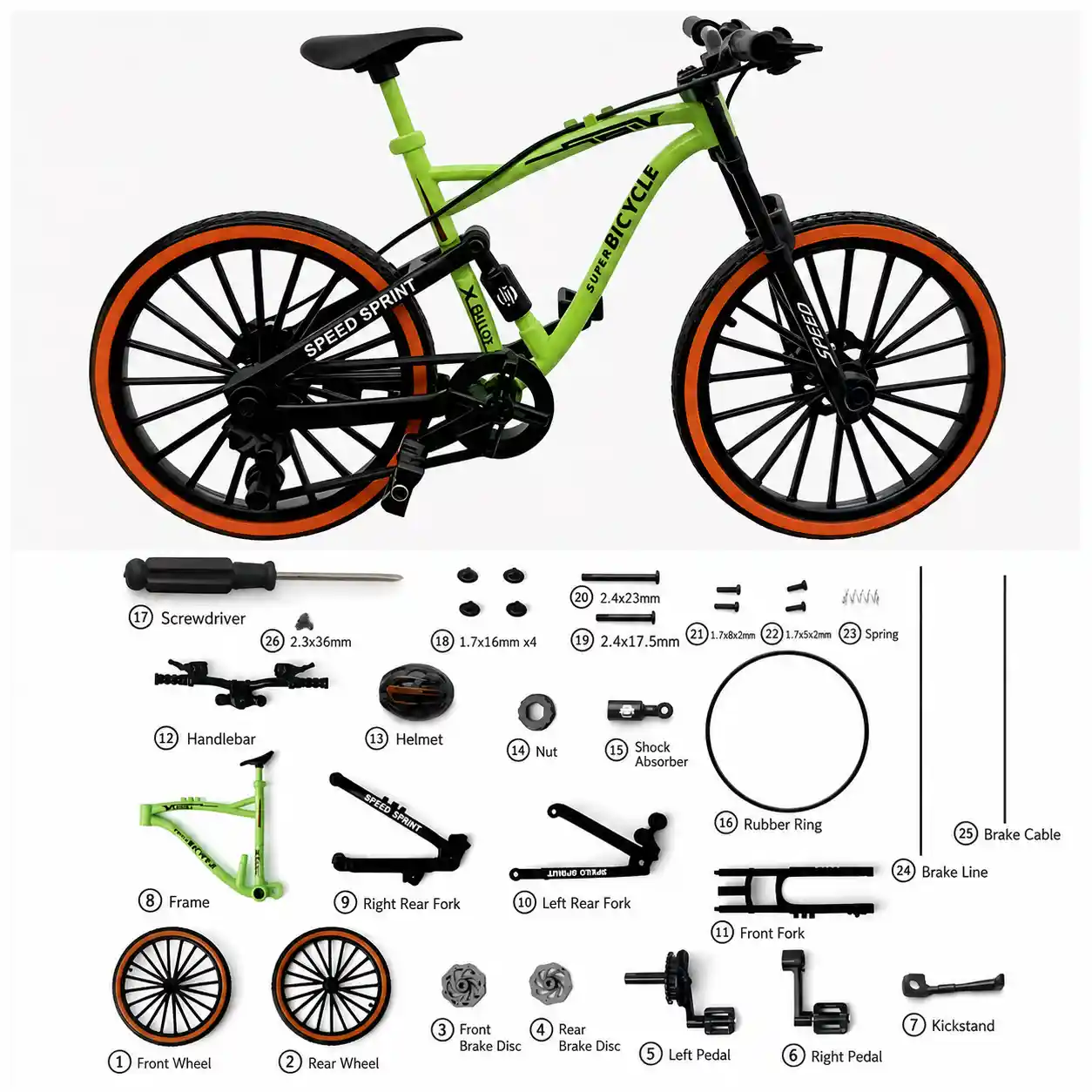 Green DIY miniature bike kit parts breakdown for Rofuntime bookshelf decor projects