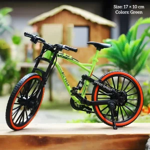 Green DIY miniature bicycle kit on wooden surface for customize miniature scene