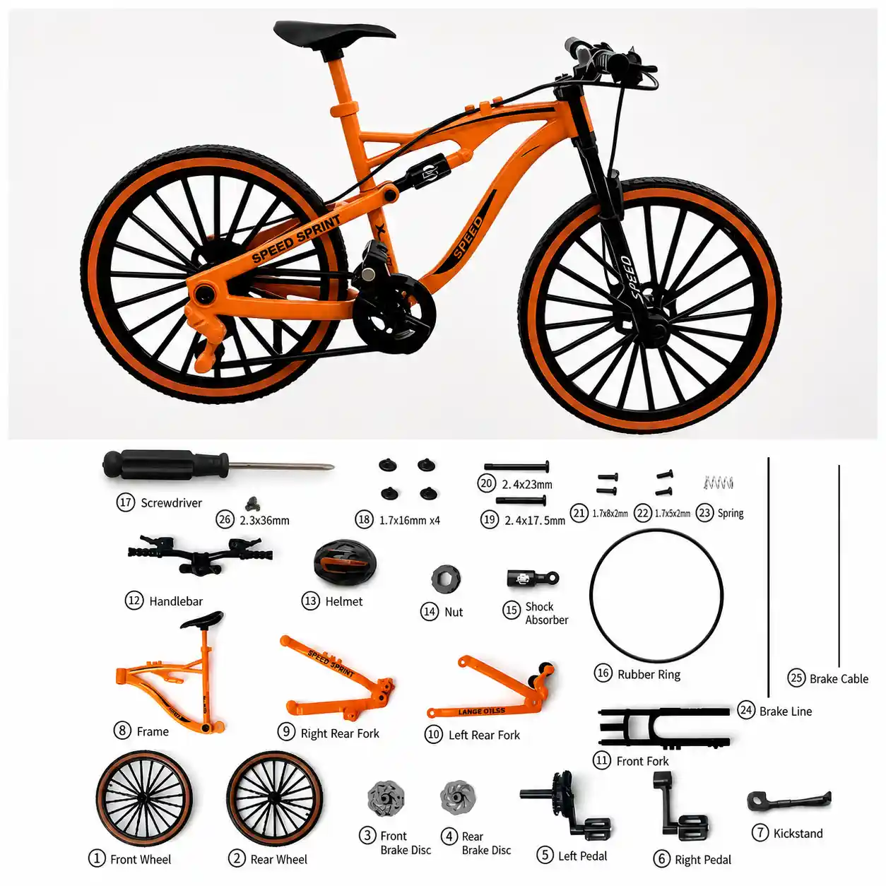 Orange alloy miniature bicycle kit with assembly tools for DIY book nook accessories