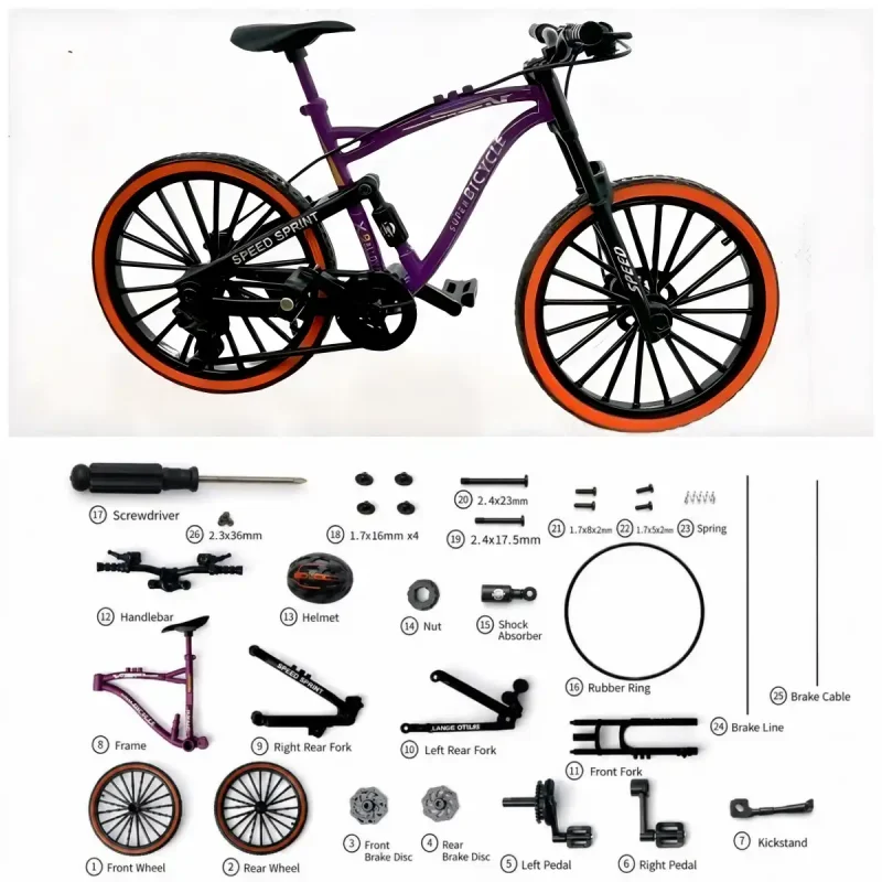 Purple miniature mountain bike kit parts layout for DIY miniature accessories and crafting