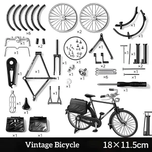 Vintage miniature bicycle kit breakdown with classic saddlebags for Rofuntime bookshelf décor