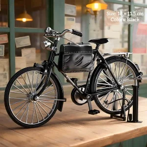 Vintage miniature bicycle with leather saddlebags for DIY scene accessories and bookshelf décor