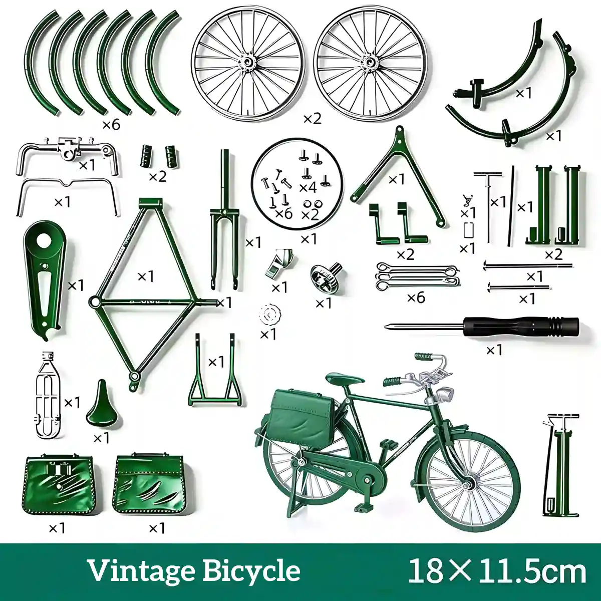 Green vintage miniature bicycle kit parts breakdown for DIY book nook accessories