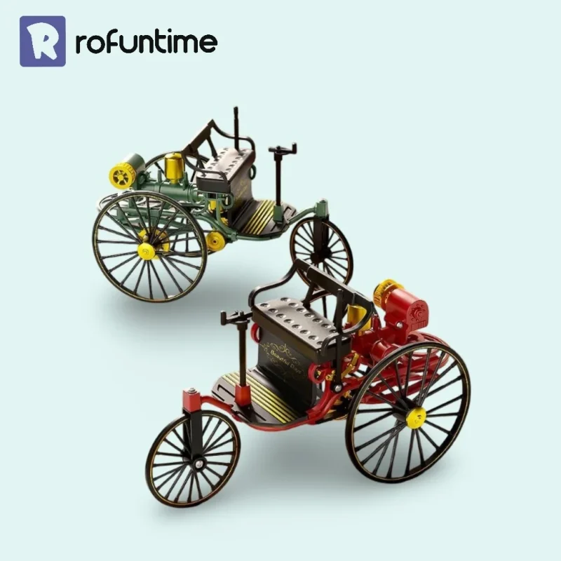 Red and dark green DIY miniature tricycle kit models by Rofuntime for display