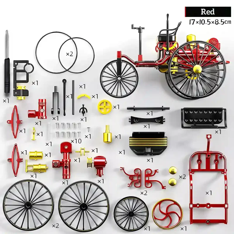 Complete red DIY miniature vehicle parts layout with tools for handcrafted miniature building