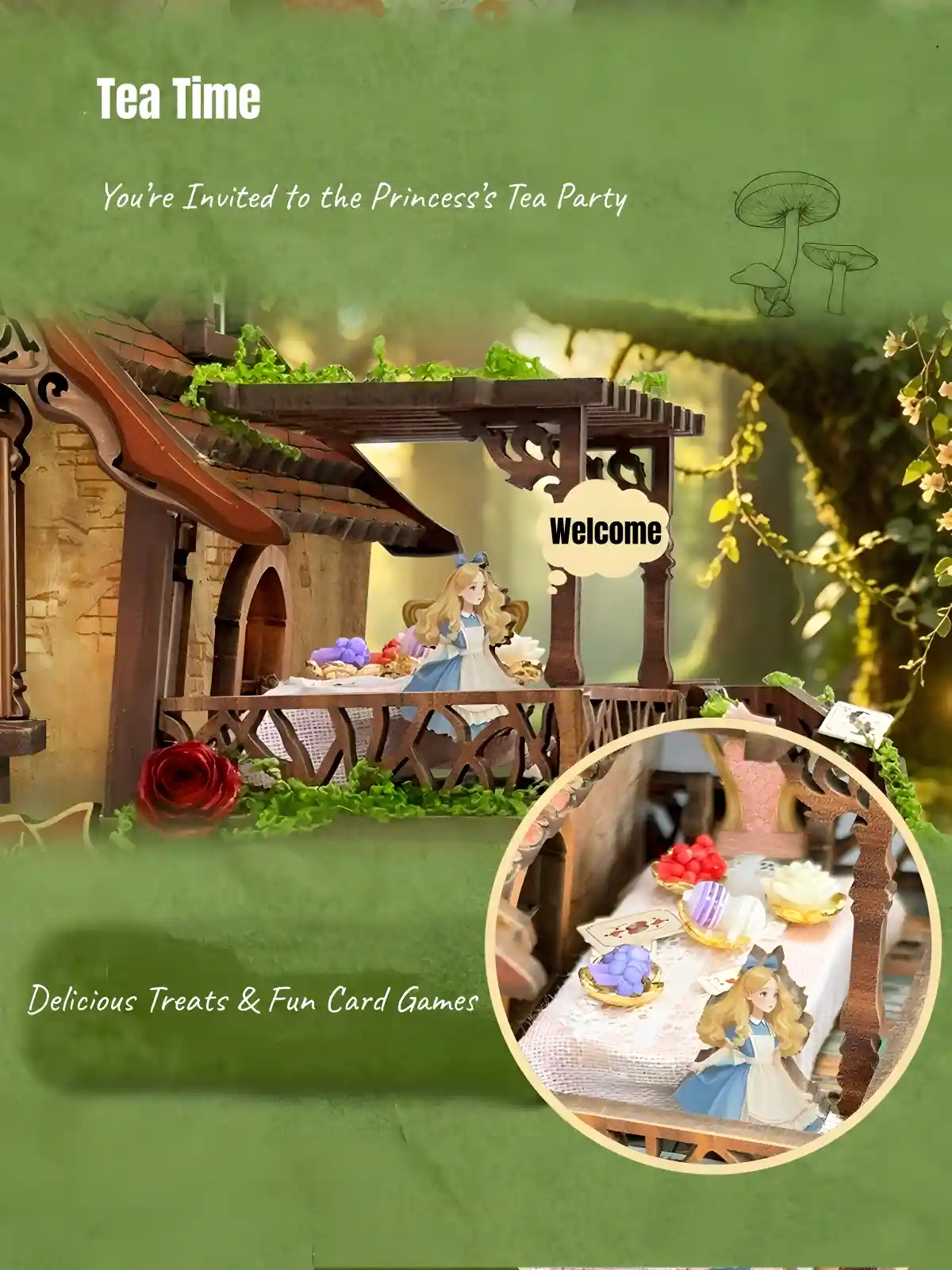 Alice miniature at balcony tea party with playing card decorations and tiny treats.