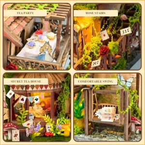Four-panel detail view of fairytale book nook showing tea house, rose stairs, and swing.