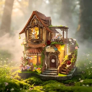 Dreamy Cottage Book Nook kit placed in enchanted forest fairytale miniature scene.