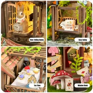 Collage showing Time-Telling Bunny, Cozy Swing, Tea Time, and Mad Hatter window nook.