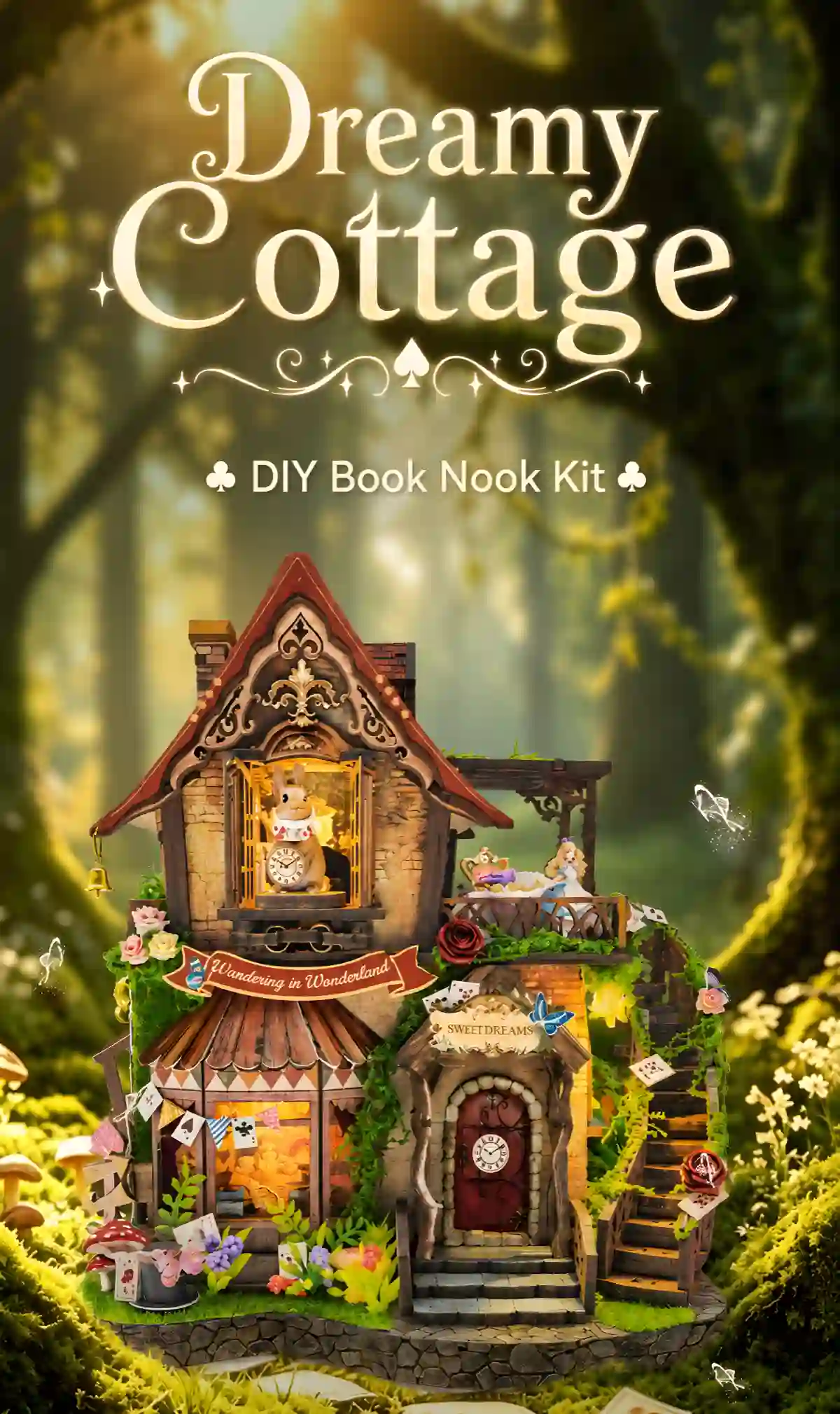 Dreamy Cottage Book Nook kit featuring White Rabbit window and illuminated fairytale miniature scene.