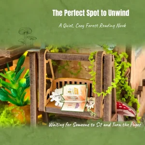 Wooden miniature swing detail inside a cozy forest reading nook with open miniature book.