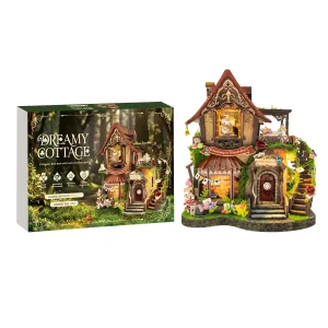 Dreamy Cottage Book Nook kit box next to assembled glowing DIY miniature house.