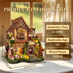Dreamy Cottage Book Nook kit dimensions and specs showing 192 wooden pieces.