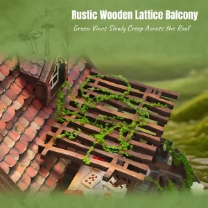Rustic wooden lattice balcony with green vines creeping across cottage roof tiles.
