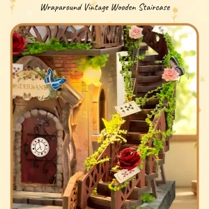 Wraparound vintage wooden staircase decorated with roses, green vines, and playing cards.