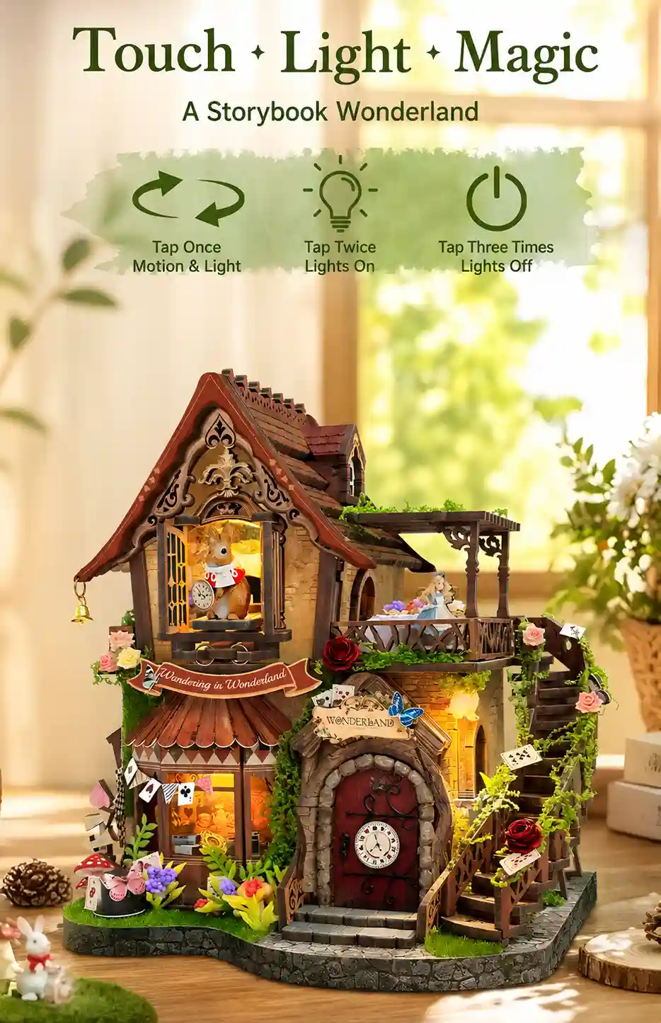 Dreamy Cottage Book Nook featuring touch controls for warm LED lighting and motion.