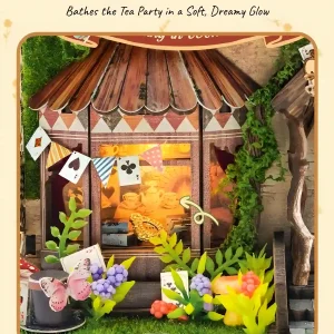 Translucent paper window emitting warm glow over miniature tea party setup with playing cards.