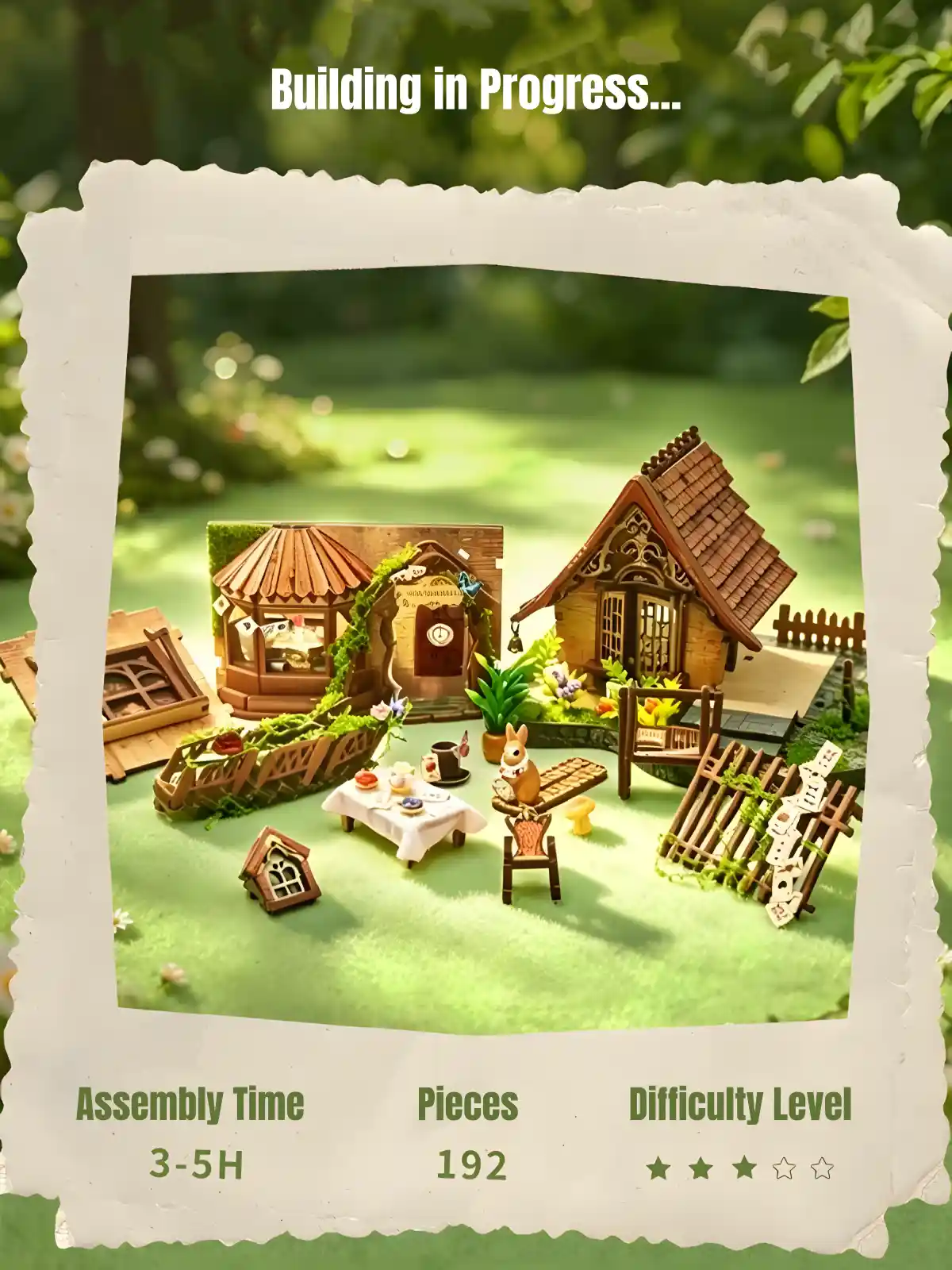Dreamy Cottage Book Nook unassembled wooden pieces laid out for DIY miniature house crafting.