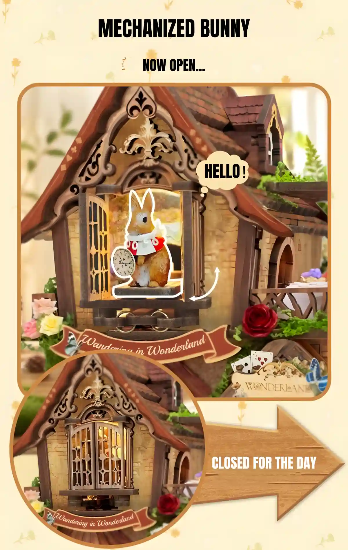 Mechanized White Rabbit figure holding clock inside open window of Dreamy Cottage Book Nook.