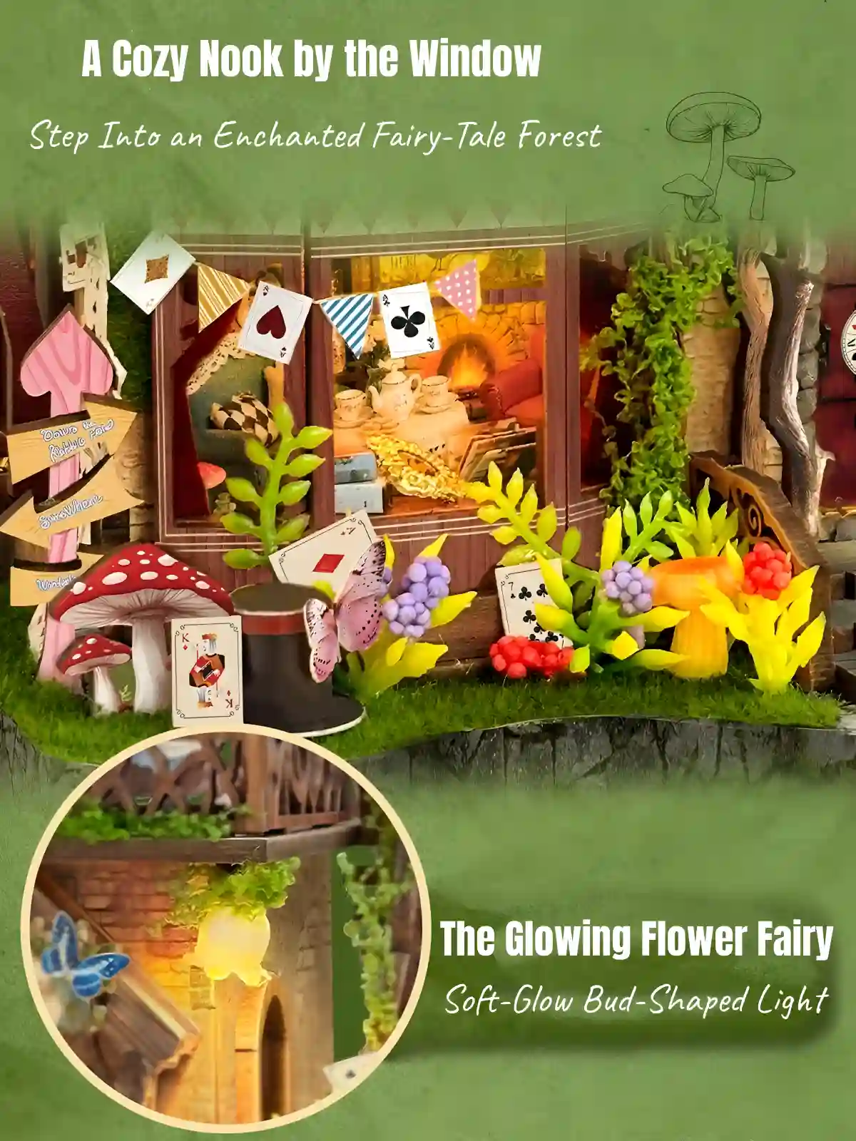 Dreamy Cottage Book Nook window nook with Mad Hatter hat, mushrooms, and flower fairy light.