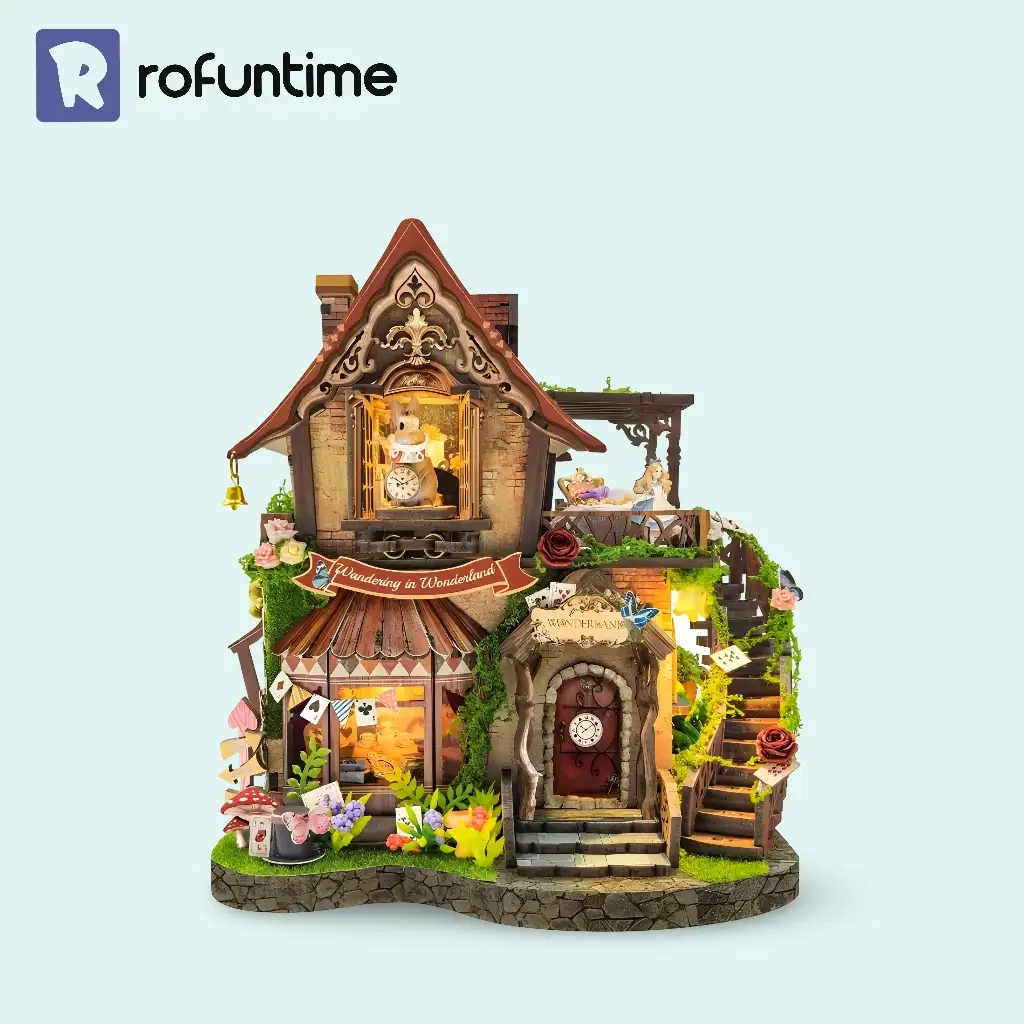 Dreamy Cottage Book Nook kit featuring White Rabbit window and illuminated miniature fairytale cottage.