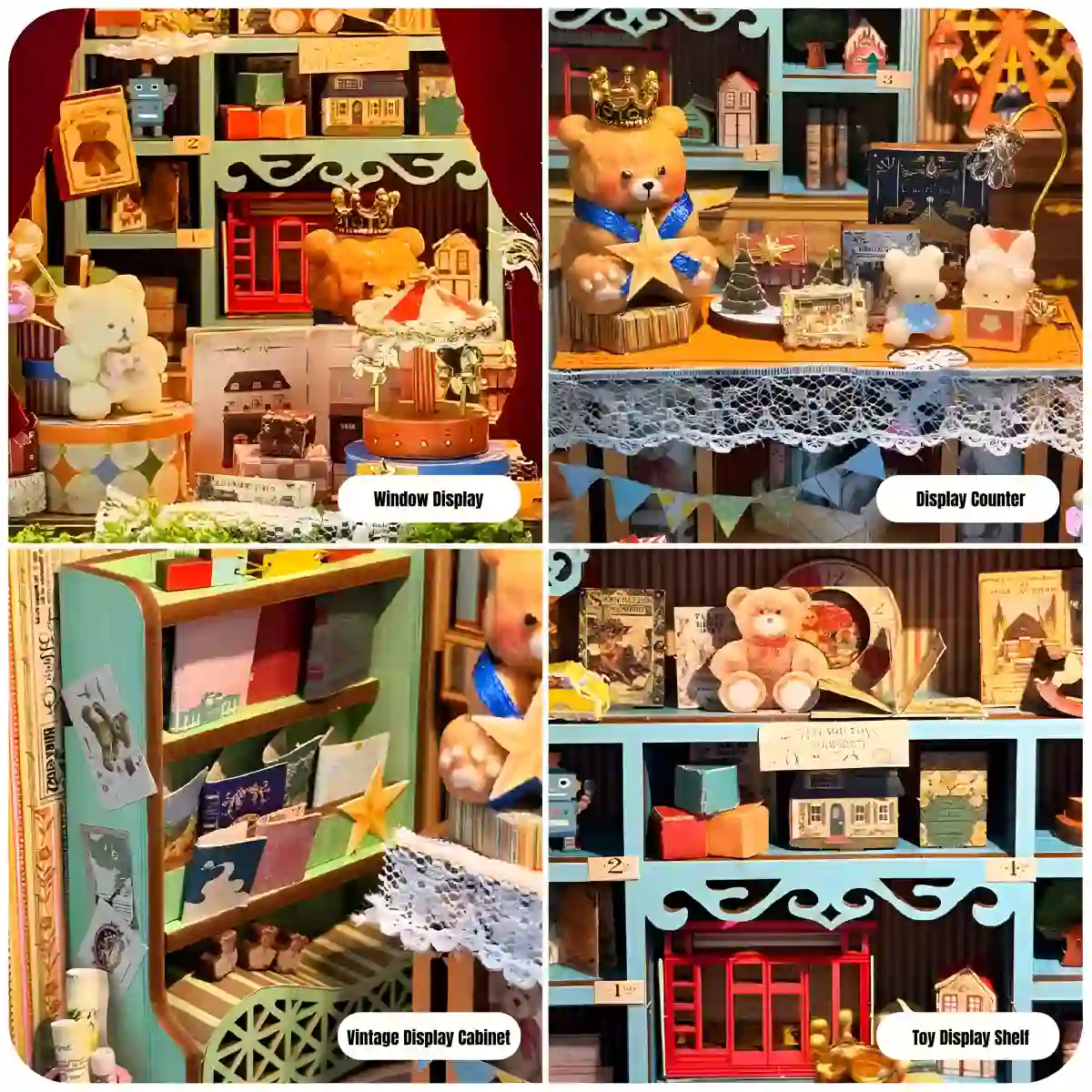 Dreamy Fairy Tale House Book Nook internal details showing miniature toy shop window, counter, and shelves