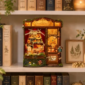 Dreamy Fairy Tale House Book Nook with warm LED lighting illuminated on vintage bookshelf decor