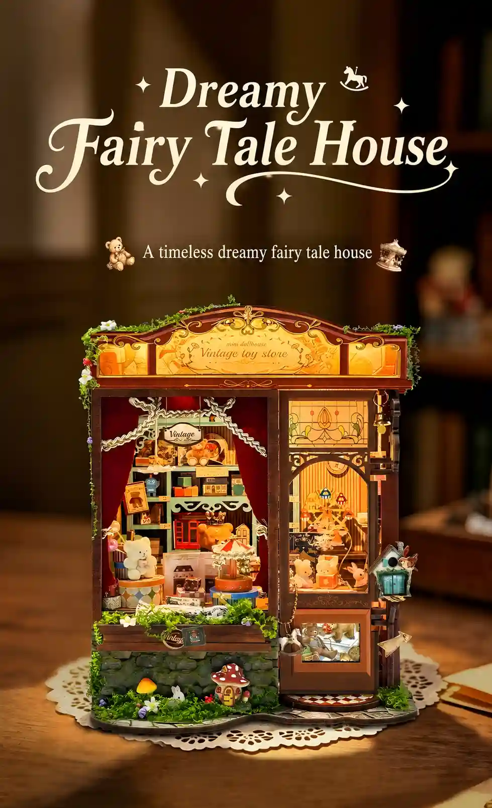 Dreamy Fairy Tale House Book Nook handcrafted wooden miniature toy shop with warm LED lighting