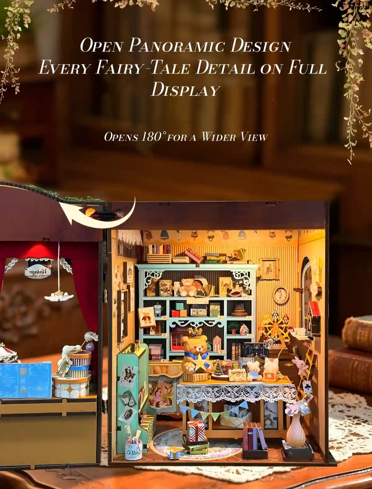 180 degree open panoramic Dreamy Fairy Tale House Book Nook showing interior bookshelf diorama